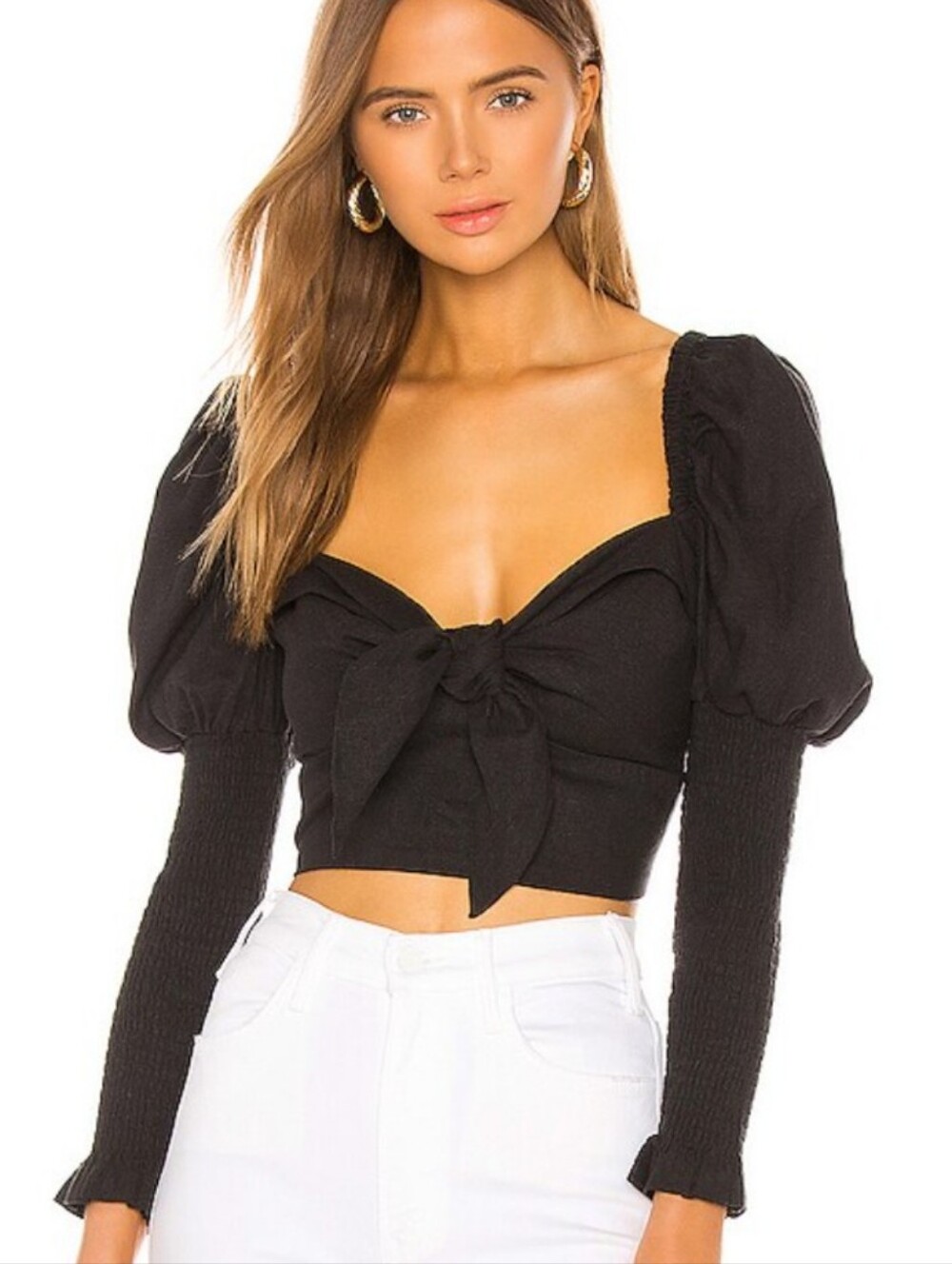 Bardot Black Tie-Front Puff Sleeve Crop Top